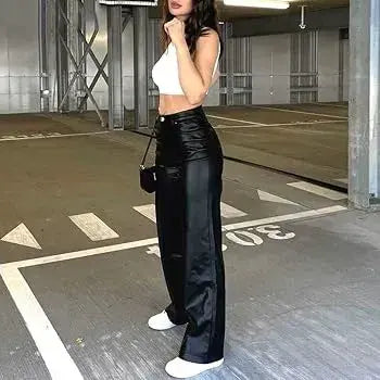 ( LLSB)™ -Pantalon Oversize Tipo Cuero Negro M : Atrevida, Moderna y con Actitud