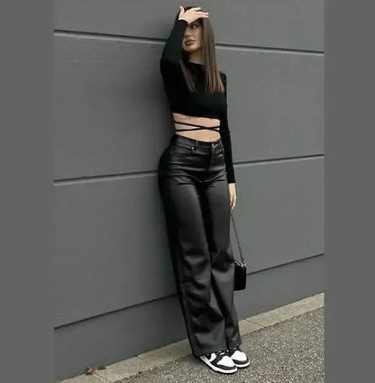 ( LLSB)™ -Pantalon Oversize Tipo Cuero Negro M :  Atrevida, Moderna y con Actitud