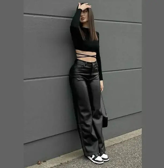 ( LLSB)™ -Pantalon Oversize Tipo Cuero Negro M :  Atrevida, Moderna y con Actitud